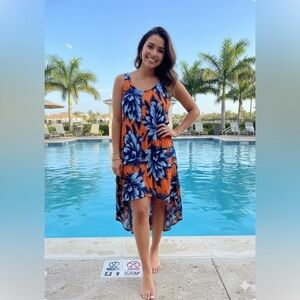 Vibrant Maeve Anthropologie "Sunset Hibiscus" Floral Hi-Low Dress Size 12 EUC